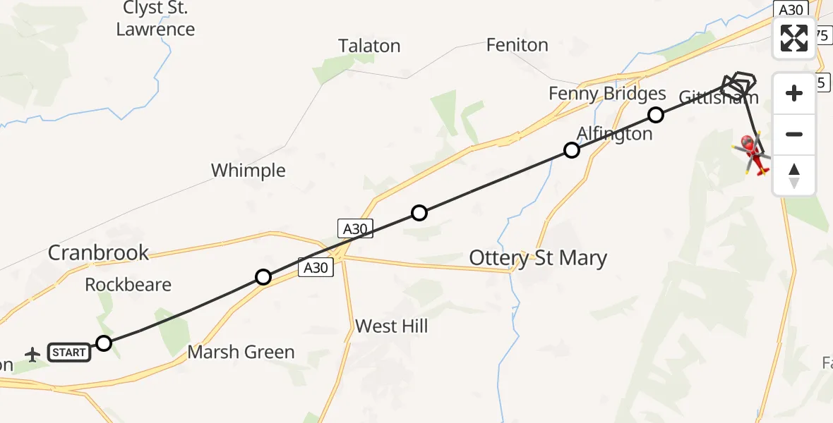 Flight route map: Air Ambulance Helicopter to Gittisham, Parsonage Lane
