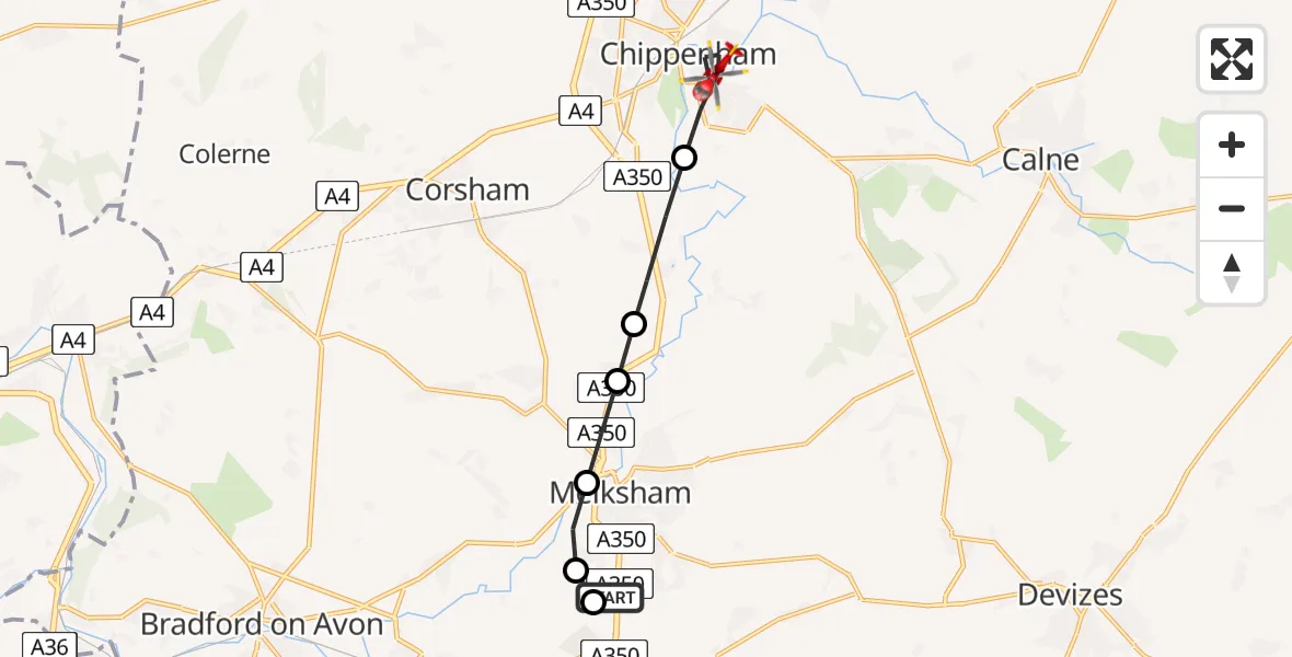 Flight route map: Air Ambulance Helicopter to Chippenham, Long Close
