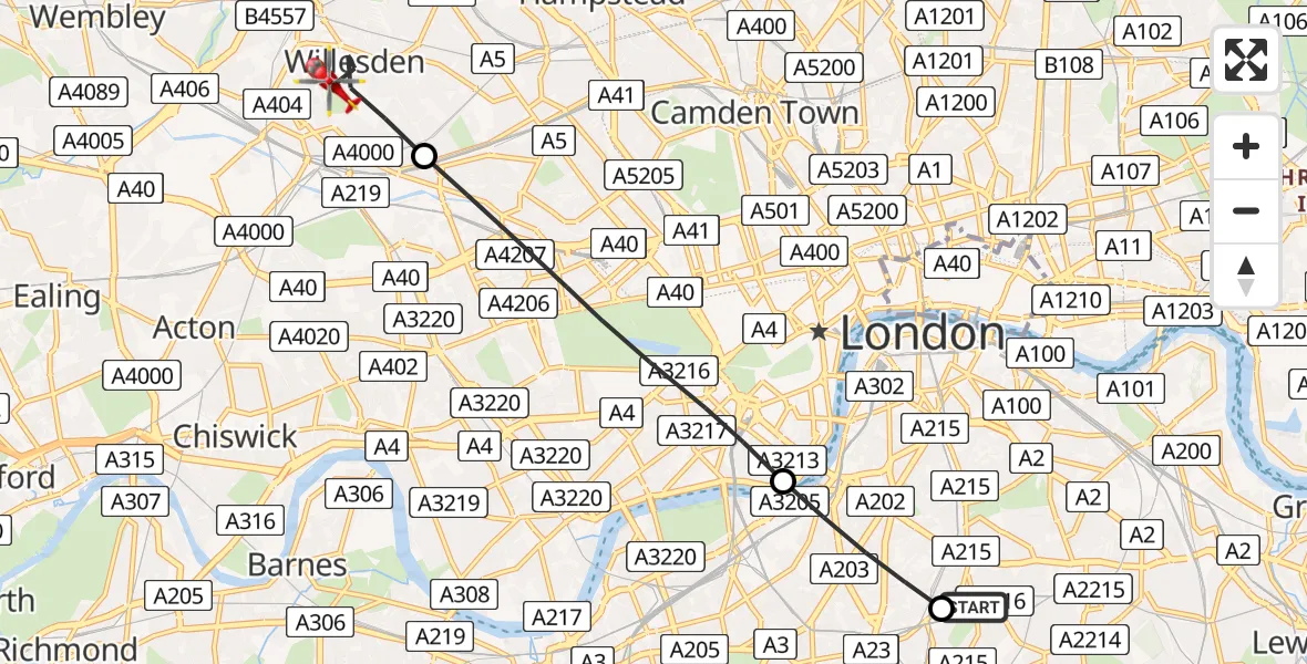Flight route map: Air Ambulance Helicopter to London Borough of Brent, Tower Road