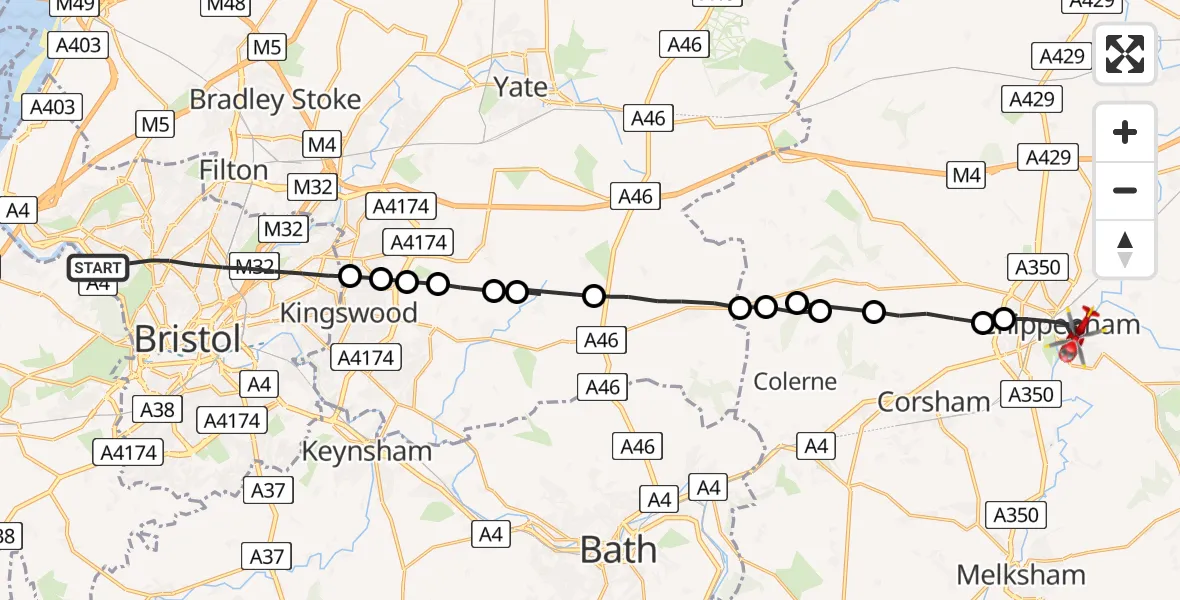 Flight route map: Air Ambulance Helicopter to Chippenham, Long Close