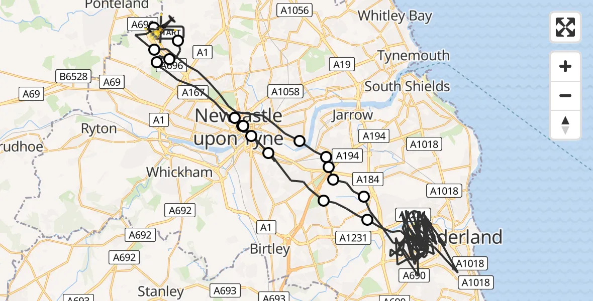 Flight route map: Police Helicopter to Newcastle International Airport, Newcastle International Airport