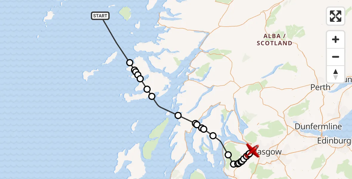 Flight path map showing Air Ambulance Aircraft route from Inner Seas to Glasgow Airport