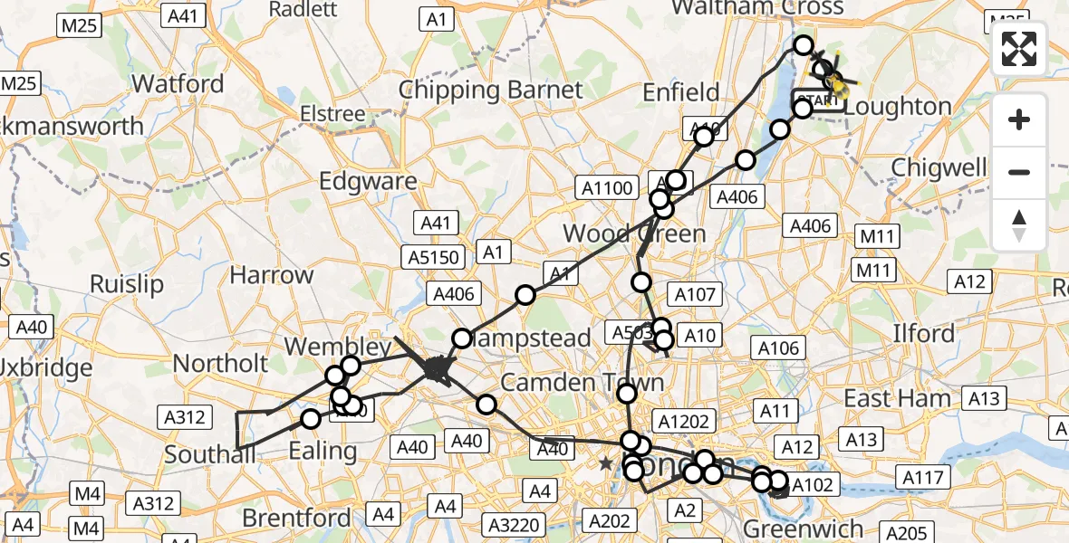 Routekaart van de vlucht: Police Helicopter to Sewardstonebury, Blind Lane