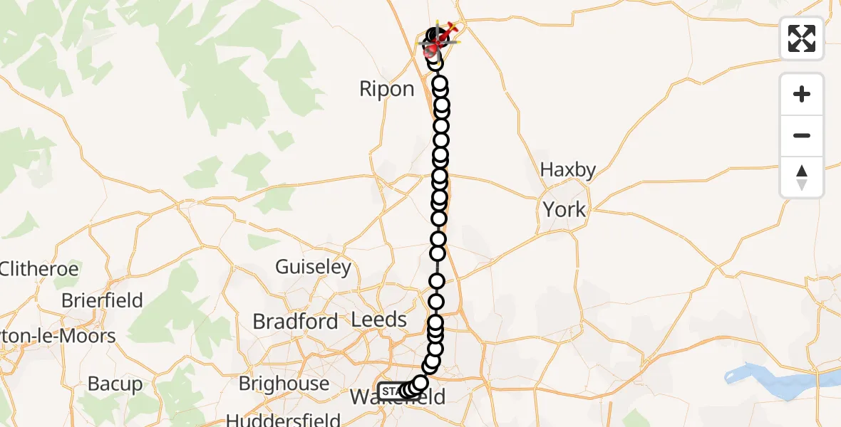 Routekaart van de vlucht: Air Ambulance Helicopter to RAF Topcliffe, RAF Topcliffe
