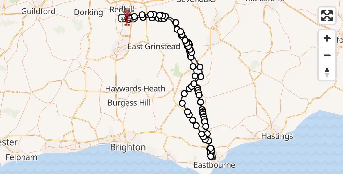 Flight path map showing Air Ambulance Helicopter route from Redhill Aerodrome to Redhill Aerodrome