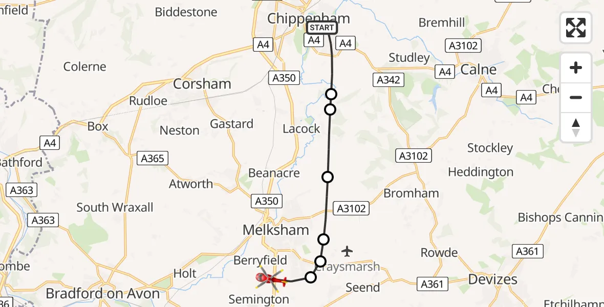 Flight route map: Air Ambulance Helicopter to Melksham, Commerce Way