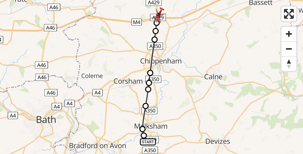 Flight route map: Air Ambulance Helicopter to Stanton St Quintin, A429