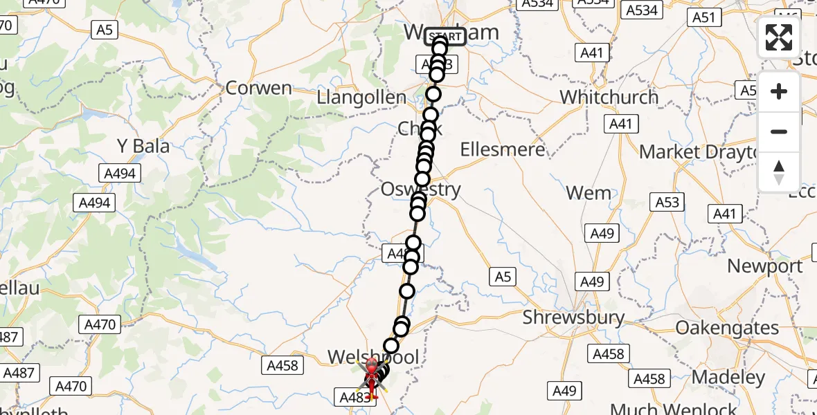 Routekaart van de vlucht: Air Ambulance Helicopter to Welshpool Airport, Welshpool Airport