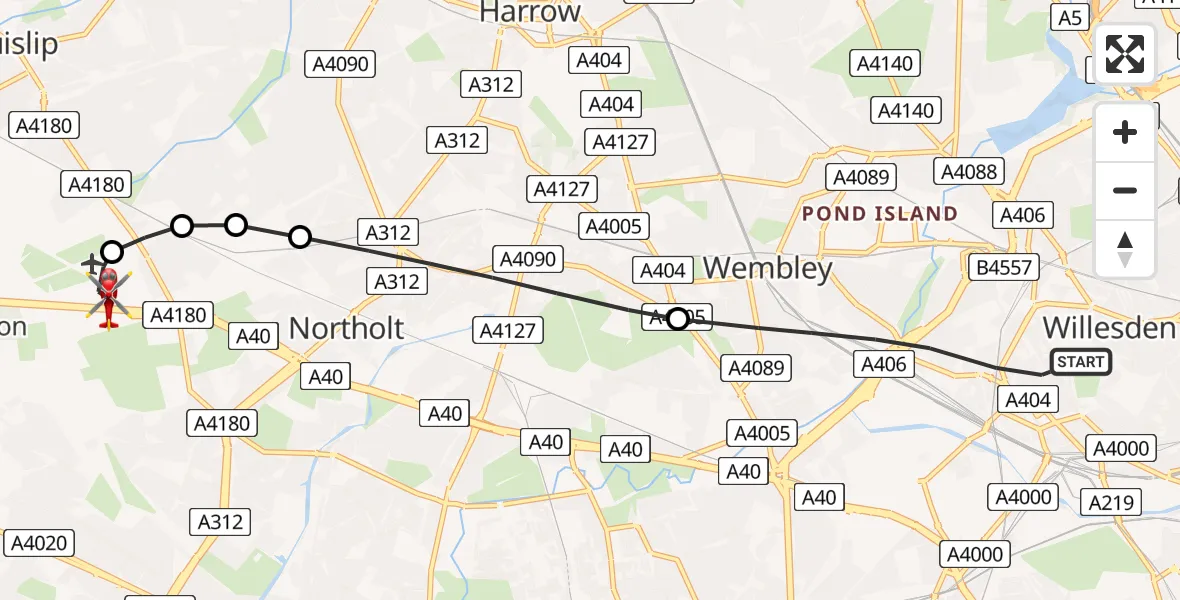 Flight route map: Air Ambulance Helicopter to RAF Northolt, RAF Northolt