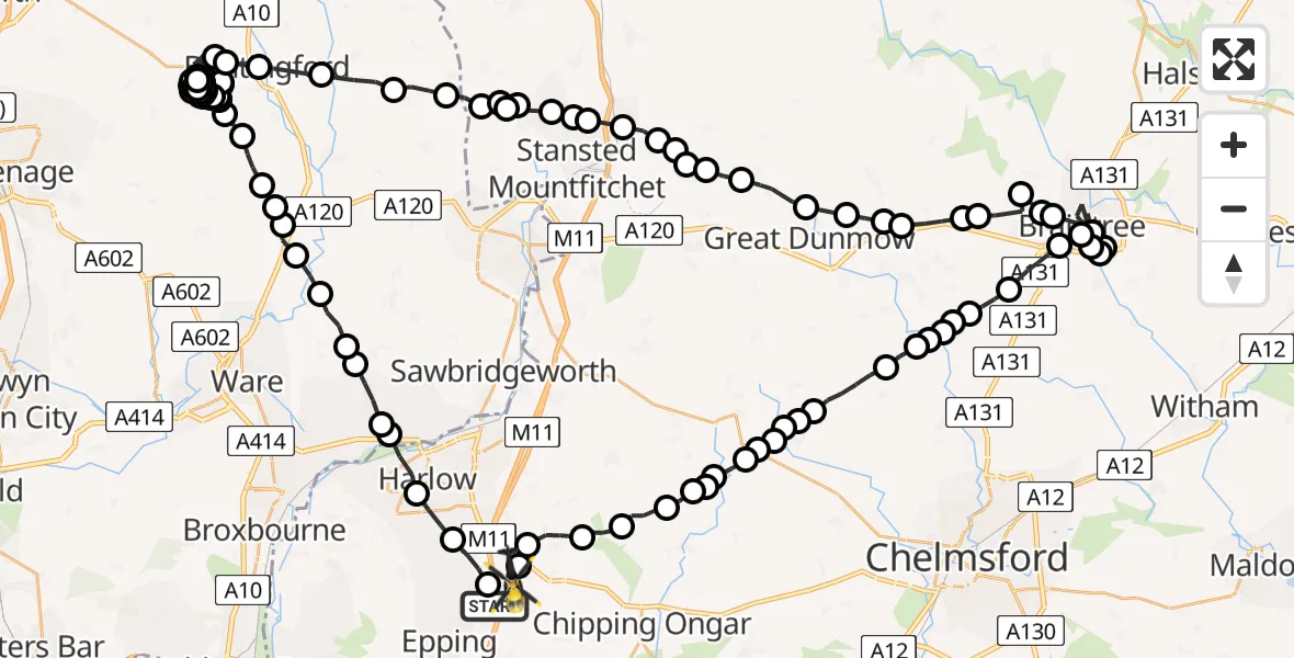 Flight route map: Police Helicopter to North Weald Airfield, North Weald Airfield