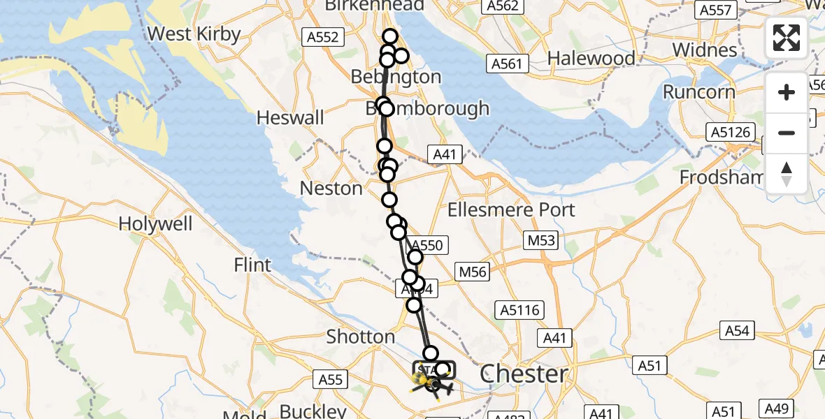 Flight route map: Police Helicopter to Hawarden Airport, Hawarden Airport
