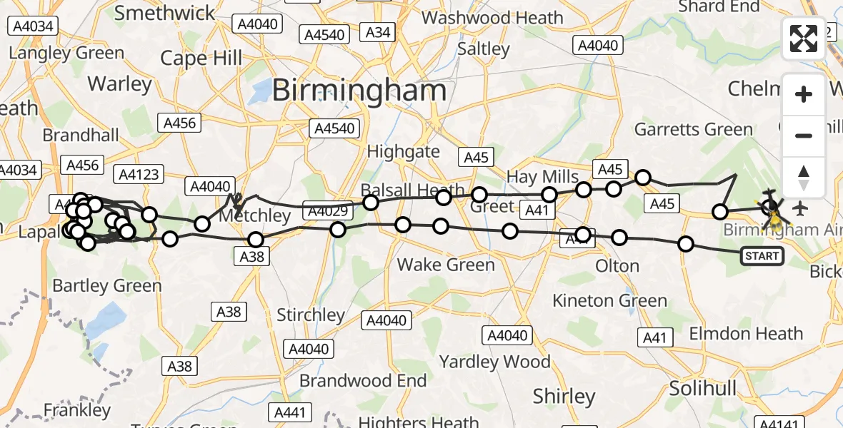 Flight route map: Police Helicopter to Birmingham Airport, Birmingham Airport