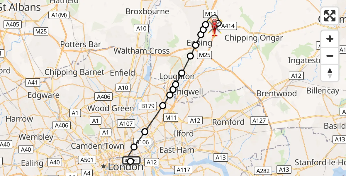 Flight route map: Air Ambulance Helicopter to North Weald Airfield, North Weald Airfield