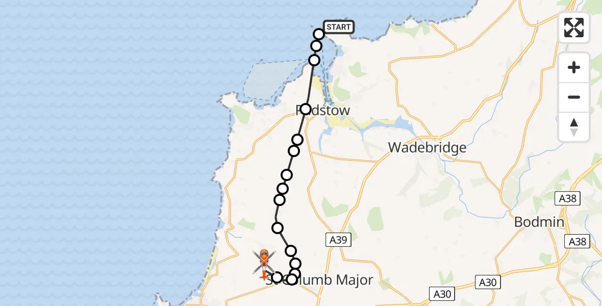 Flight route map: Coastguard Helicopter to Cornwall Airport Newquay, Cornwall Airport Newquay