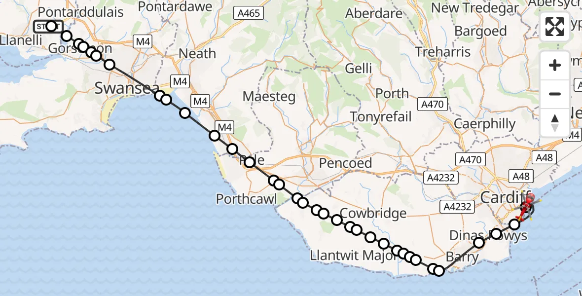 Flight route map: Air Ambulance Helicopter to Cardiff Heliport, Cardiff Heliport