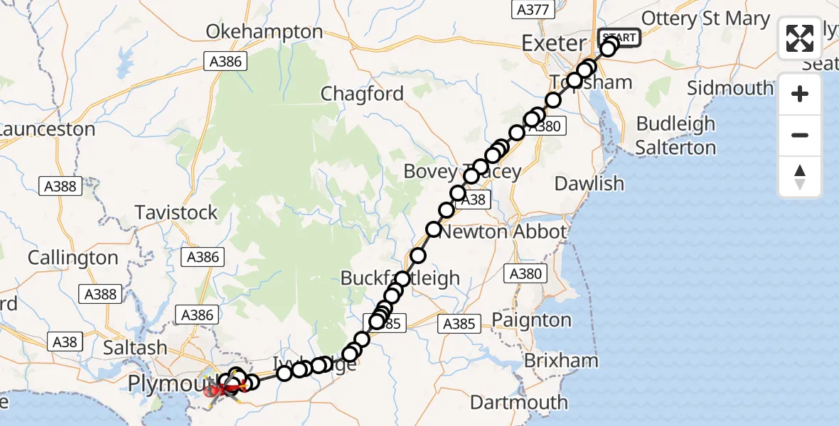 Flight route map: Air Ambulance Helicopter to Elburton Village, Whimbrel way