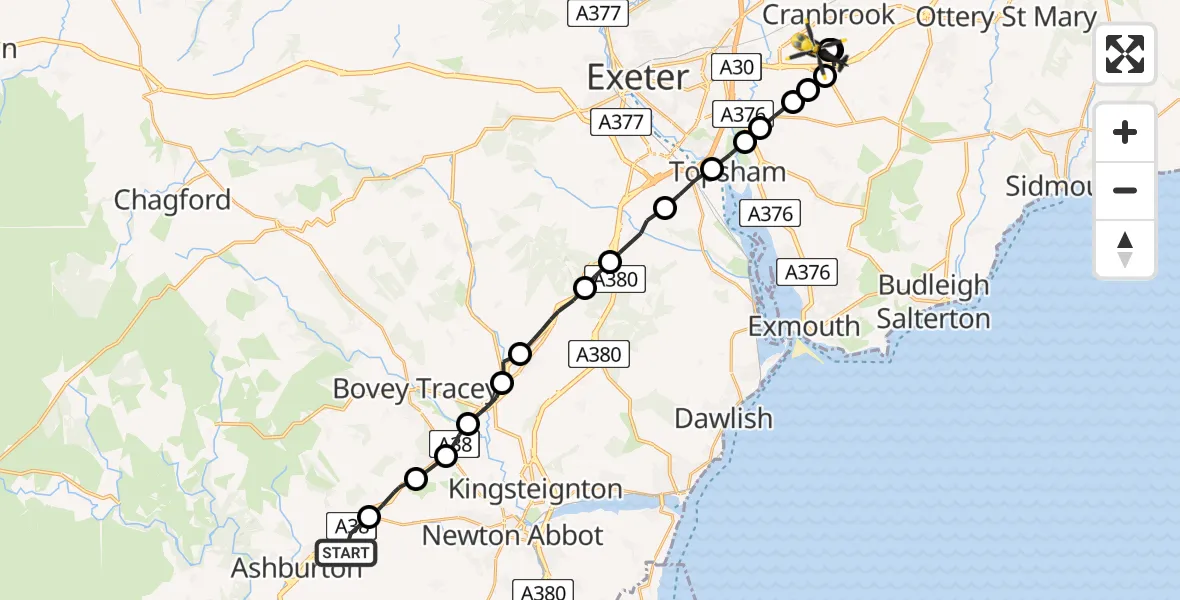 Flight route map: Police Helicopter to Exeter International Airport, Exeter International Airport