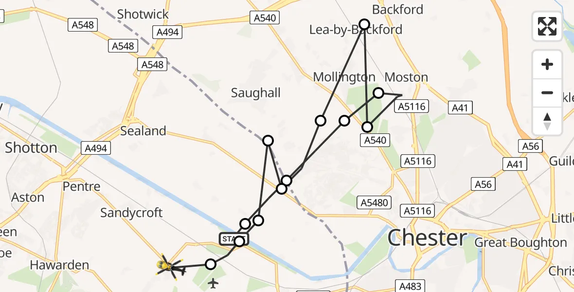 Flight route map: Police Helicopter to Sandycroft, B5129