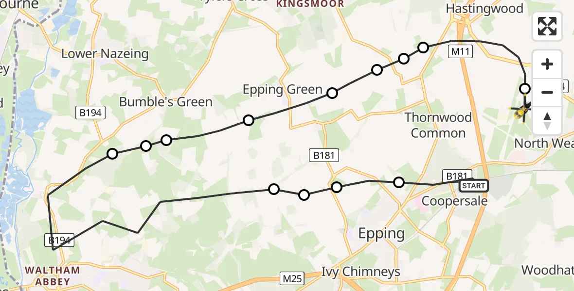 Flight route map: Police Helicopter to North Weald Bassett, Merlin Way