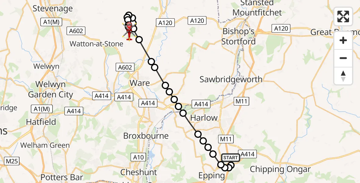 Flight route map: Air Ambulance Helicopter to Dane End, Whitehill