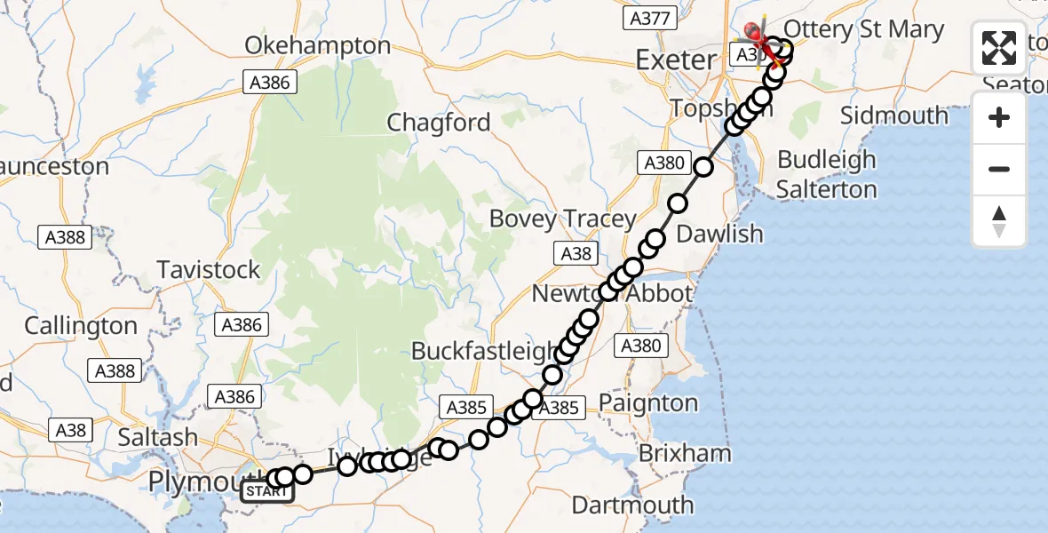 Routekaart van de vlucht: Air Ambulance Helicopter to Exeter International Airport, Exeter International Airport