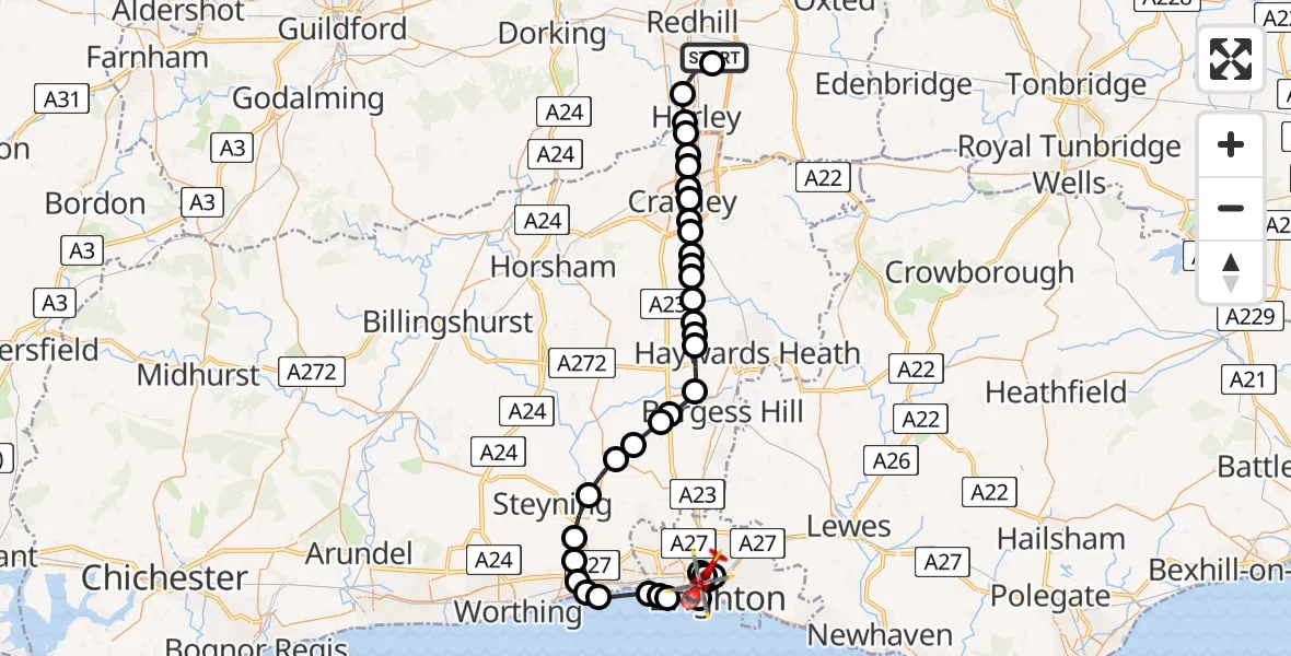 Flight route map: Air Ambulance Helicopter to Hove, Glendale Road