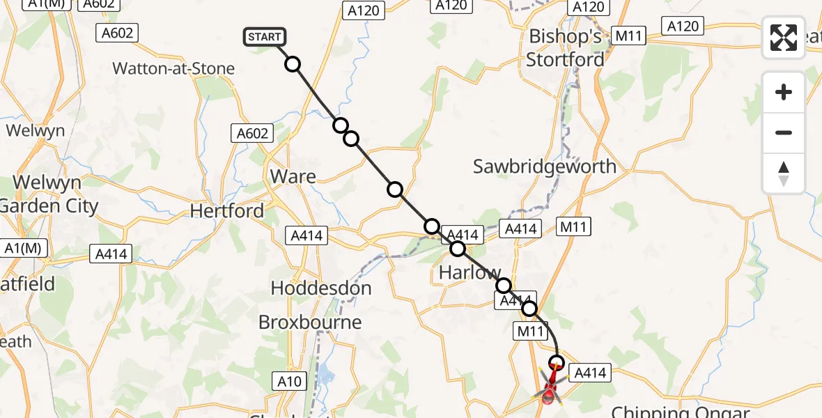 Routekaart van de vlucht: Air Ambulance Helicopter to North Weald Airfield, North Weald Airfield