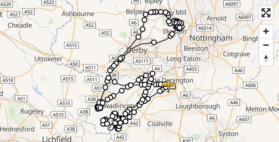 Flight route map: Police Aircraft to East Midlands Airport, East Midlands Airport