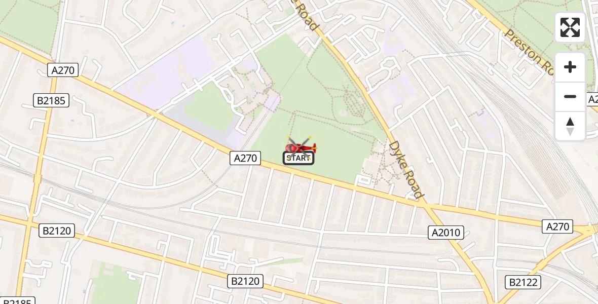 Flight route map: Air Ambulance Helicopter to Hove, Glendale Road
