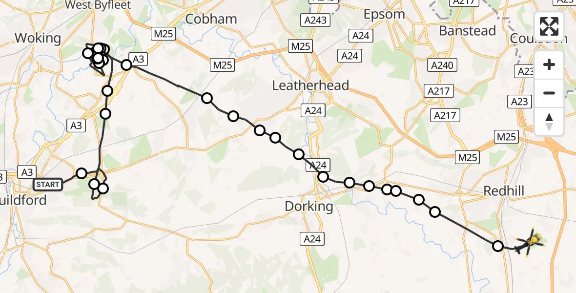 Flight route map: Police Helicopter to Salfords, Kings Mill Lane