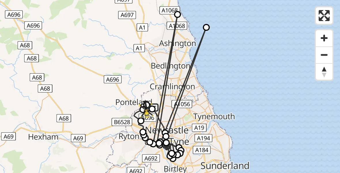 Flight route map: Police Helicopter to Newcastle International Airport, Newcastle International Airport