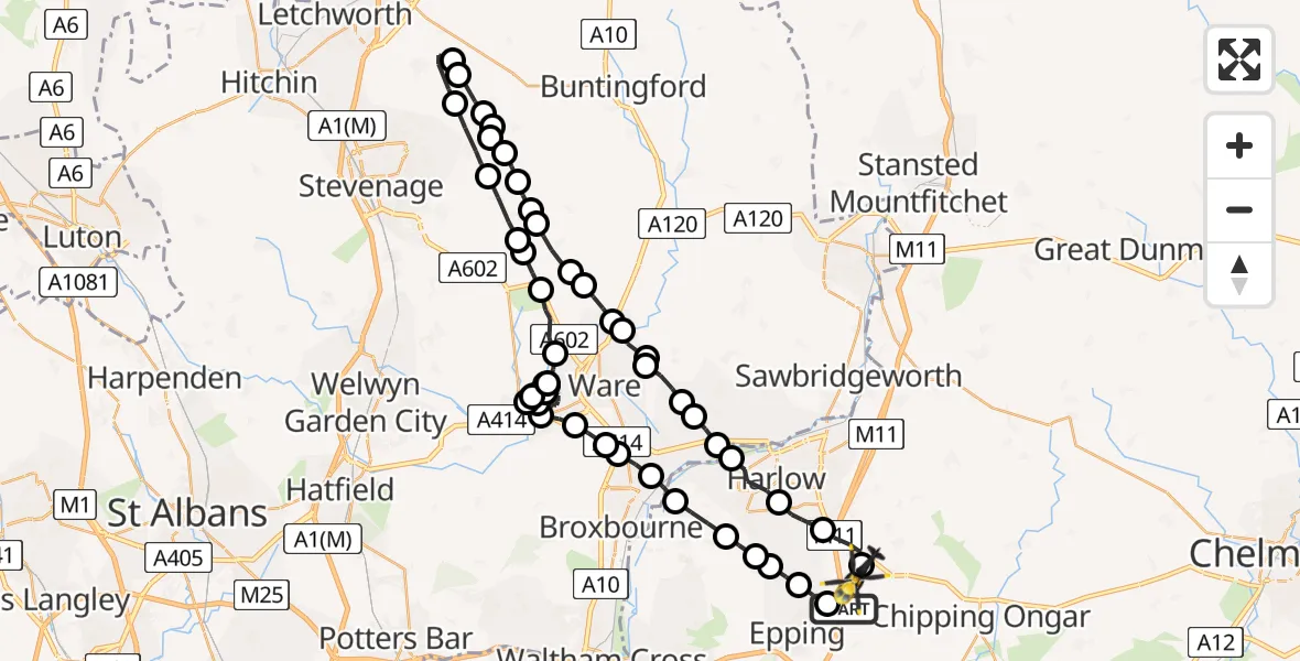 Flight route map: Police Helicopter to North Weald Airfield, North Weald Airfield