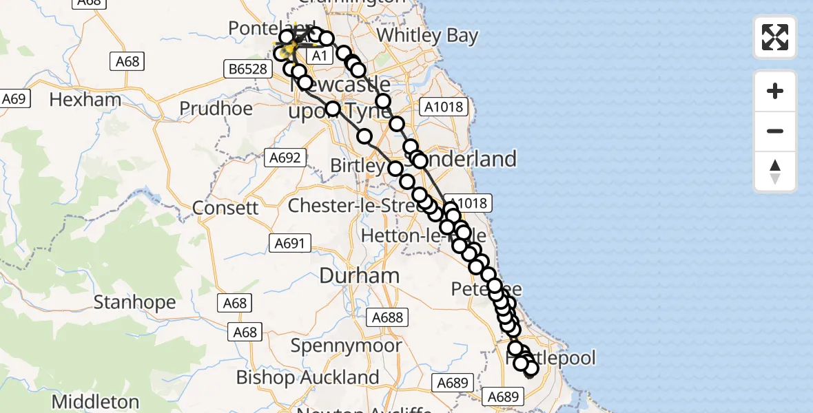 Flight route map: Police Helicopter to Newcastle International Airport, Newcastle International Airport