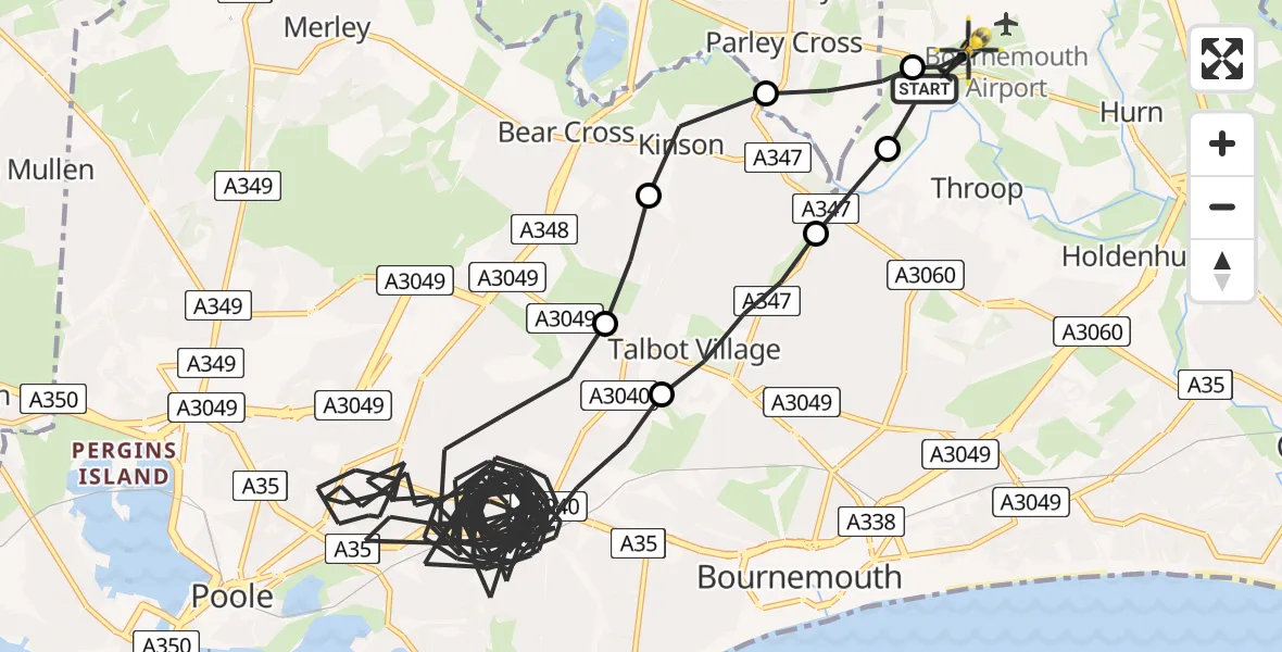 Flight route map: Police Helicopter to Bournemouth Airport, Bournemouth Airport