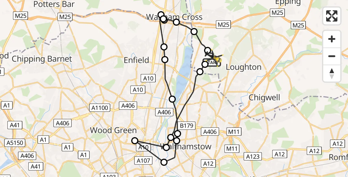 Flight route map: Police Helicopter to Metropolitan Police Air Support Unit Lippitts Hill, Metropolitan Police Air Support Unit Lippitts Hill