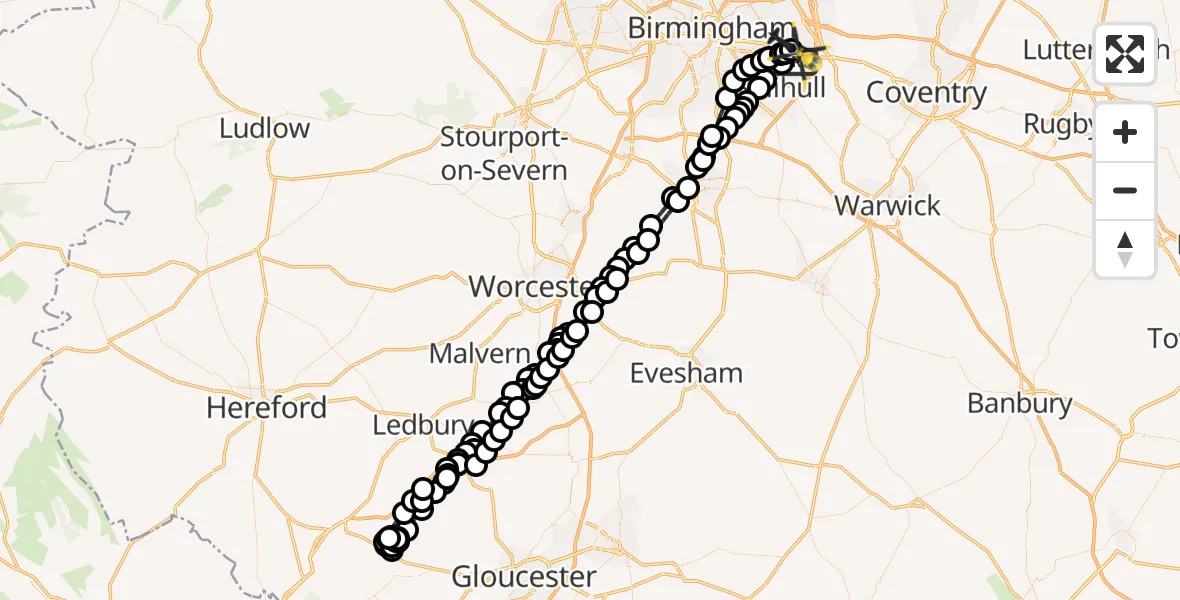 Flight route map: Police Helicopter to Birmingham Airport, Birmingham Airport