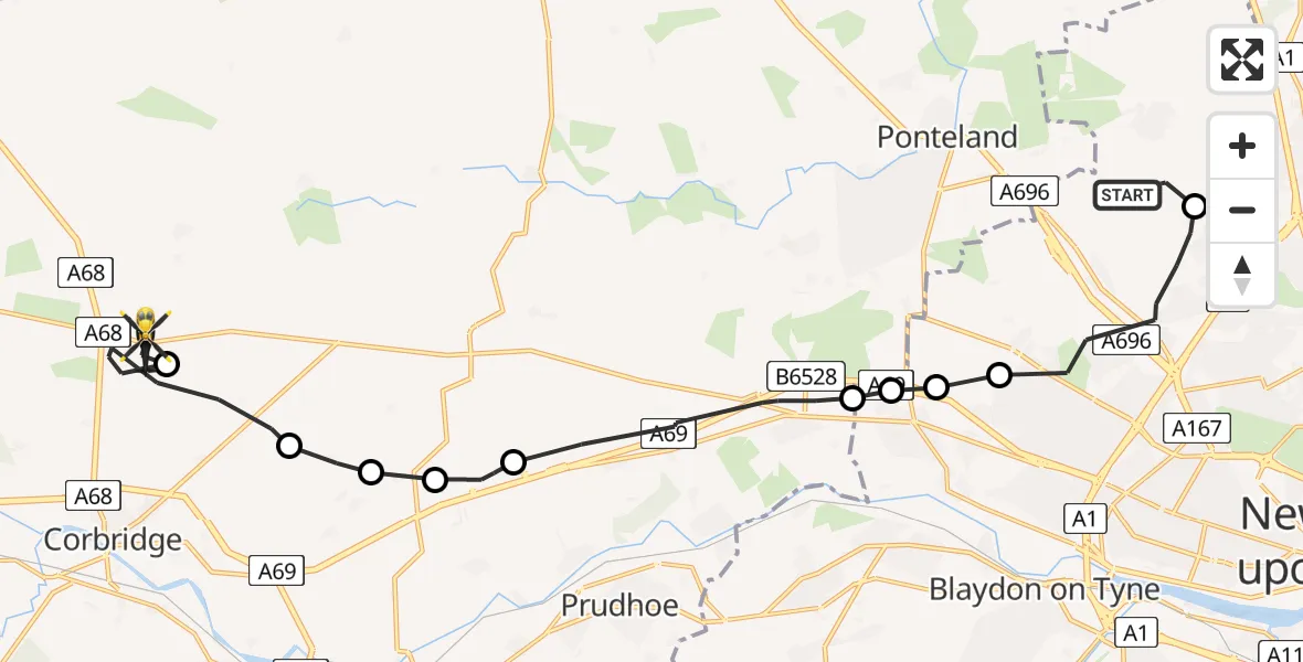 Flight route map: Police Helicopter to Matfen, Military Road