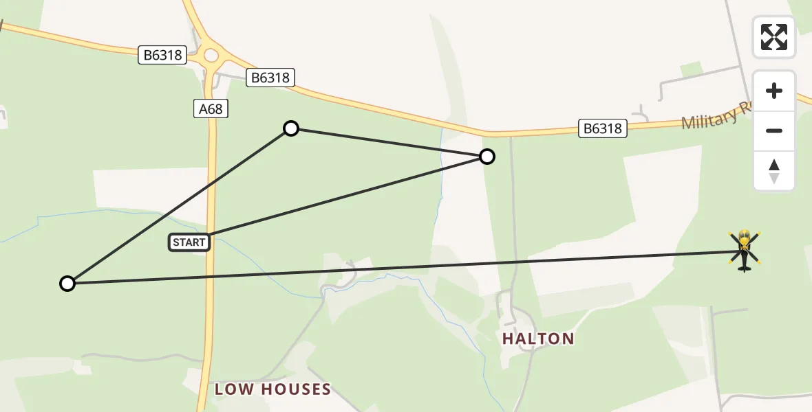 Flight route map: Police Helicopter to Matfen, Military Road