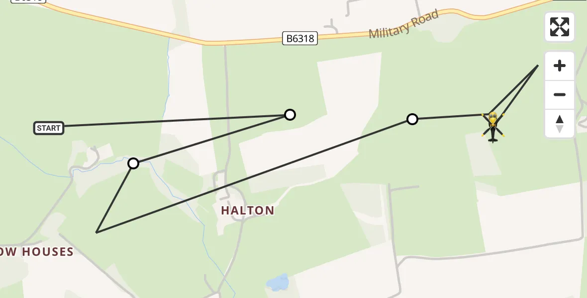 Routekaart van de vlucht: Police Helicopter to Matfen, Military Road