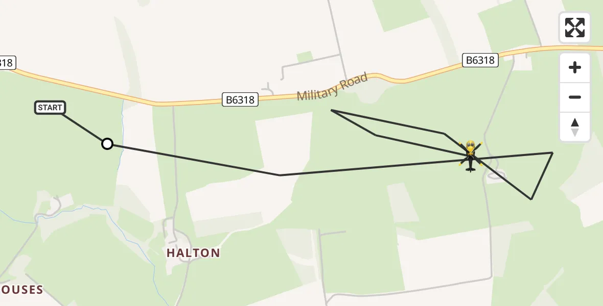 Flight route map: Police Helicopter to Matfen, Military Road