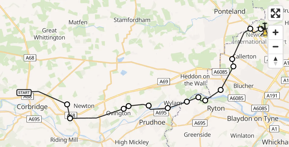 Flight route map: Police Helicopter to Newcastle International Airport, Newcastle International Airport