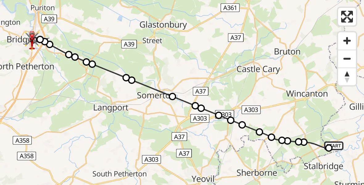 Flight route map: Air Ambulance Helicopter to Bridgwater, Mandarin Close