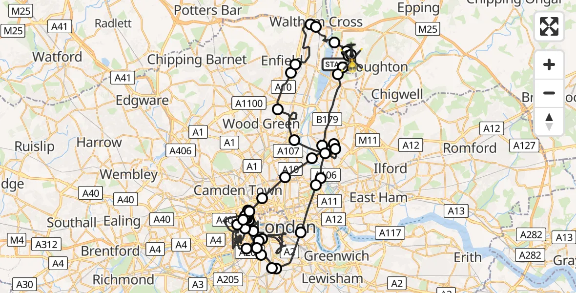 Flight route map: Police Helicopter to Metropolitan Police Air Support Unit Lippitts Hill, Lippitts Hill