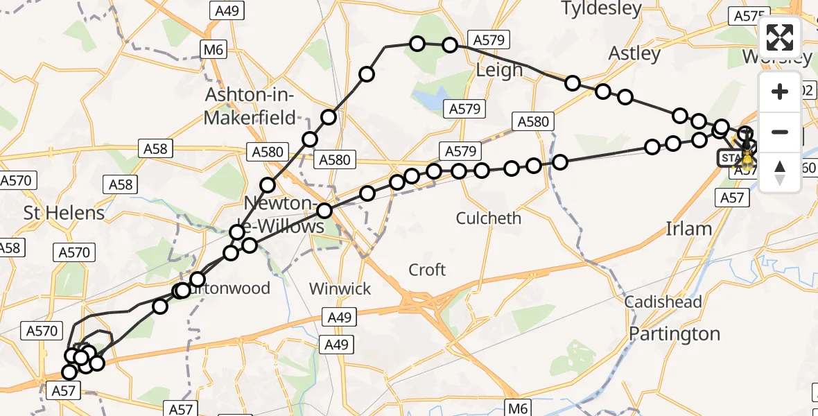 Flight path map showing Police Helicopter route from Manchester Barton Aerodrome to Manchester Barton Aerodrome