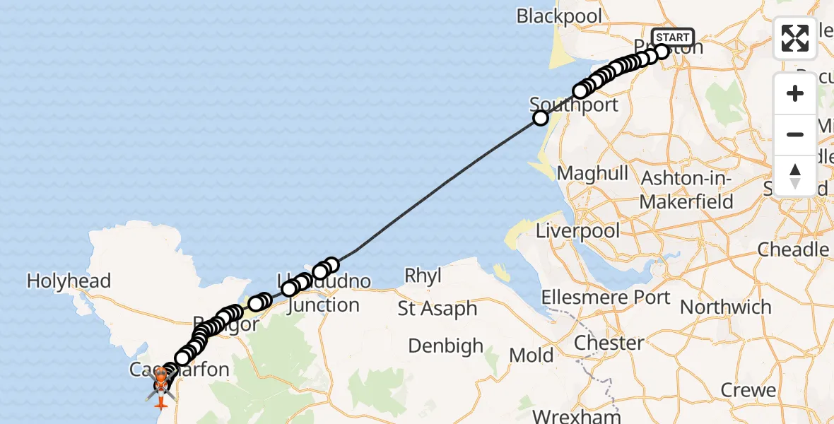 Flight route map: Coastguard Helicopter to Caernarfon Airport, Caernarfon Airport