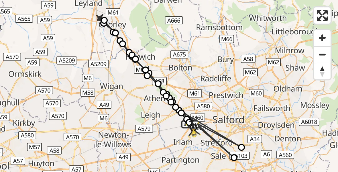 Flight path map showing Police Helicopter route from Irlam to Manchester Barton Aerodrome