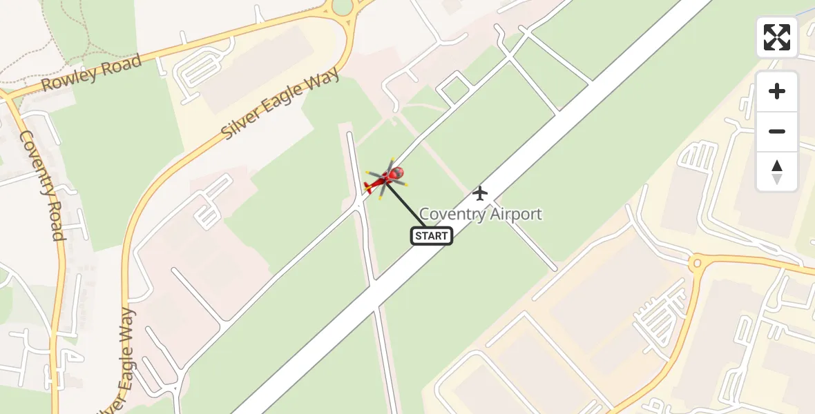 Flight route map: Air Ambulance Helicopter to Coventry Airport, Coventry Airport