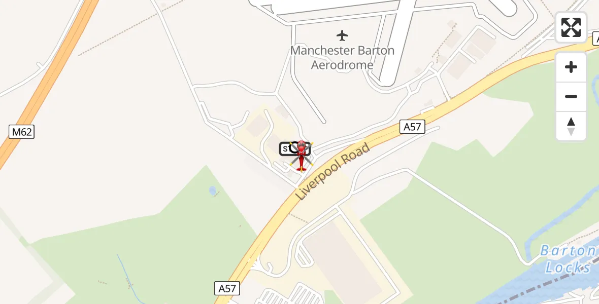 Flight path map showing Air Ambulance Helicopter route from Manchester Barton Aerodrome to Irlam