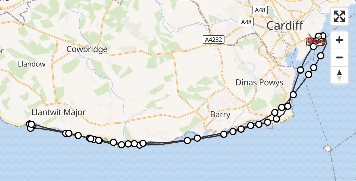Flight route map: Air Ambulance Helicopter to Cardiff Heliport, Cardiff Heliport