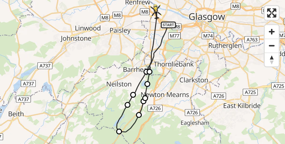 Flight path map showing Police Helicopter route from Glasgow to Glasgow